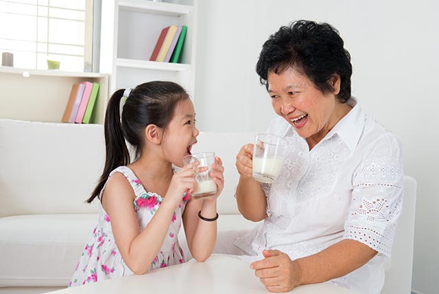 Have a glass of low-fat milk with your elderly grandparents to keep their bones strong.