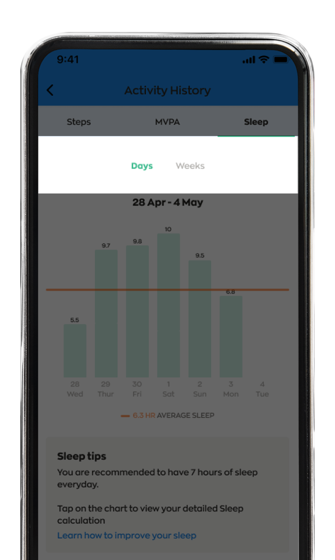 2. You may toggle between days or weeks to view your past sleep data