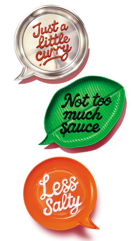 Graphic featuring lower-sodium messages on plates, 'Just a little curry', 'Not too much sauce', and 'Less salty'.