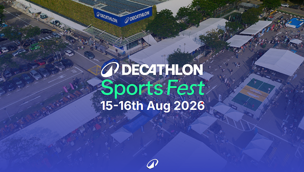 Poster for “Decathlon Sports Fest” on 15–16 Aug 2026 showing a large outdoor sports event.