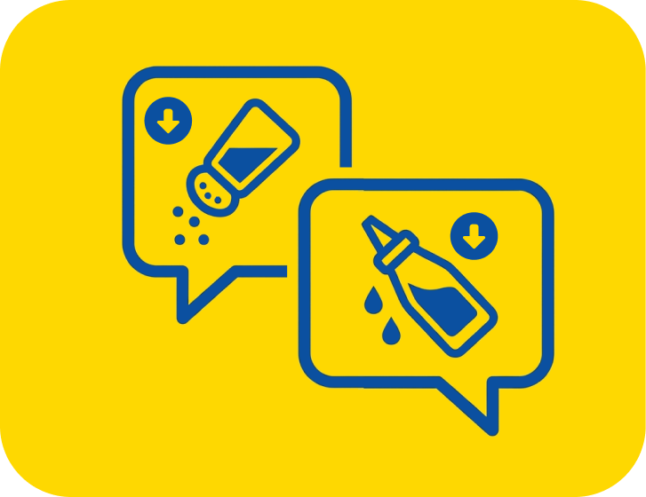 Illustration of salt and sauce bottles with downward arrows, representing reducing sodium intake. 