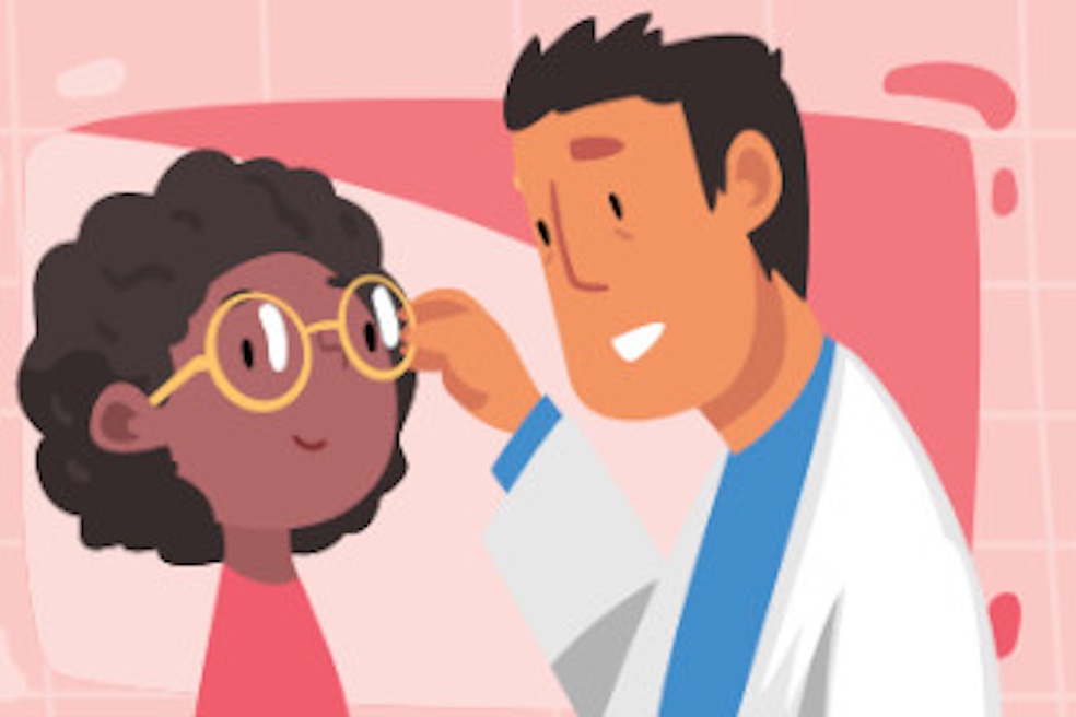 Doctor adjusting a child's glasses while talking in a clinic.