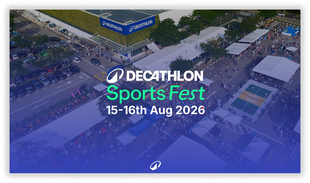 Poster for “Decathlon Sports Fest” on 15–16 Aug 2026 showing a large outdoor sports event.