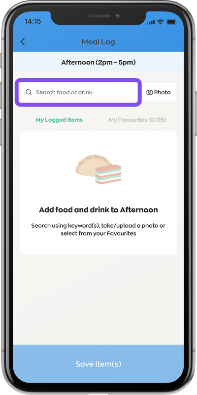 Meal Log screen showing the afternoon meal section with a highlighted search bar for finding and adding food or drinks.