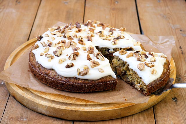 Carrot cake with yoghurt icing and topped off with nuts