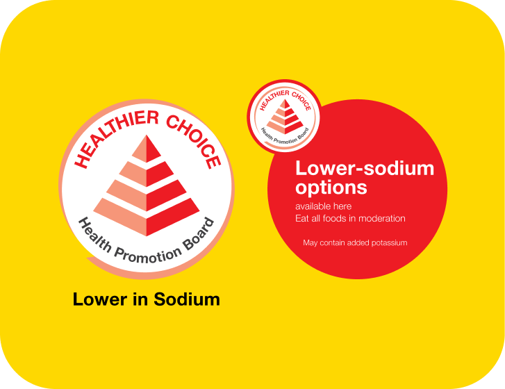 Illustration of the Healthier Choice symbol with a lower-sodium label, indicating a healthier lower-sodium food option.