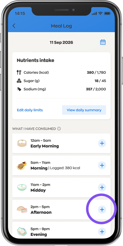 Meal Log screen showing daily nutrient intake and meal entries by time of day, with a highlighted plus button for adding a meal.