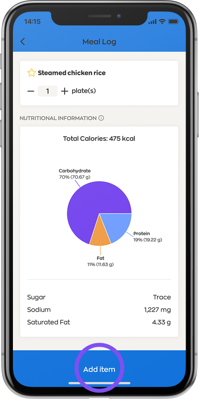 Meal Log screen showing nutritional information for steamed chicken rice, including calories and a nutrient breakdown chart, with the “Add item” button highlighted.