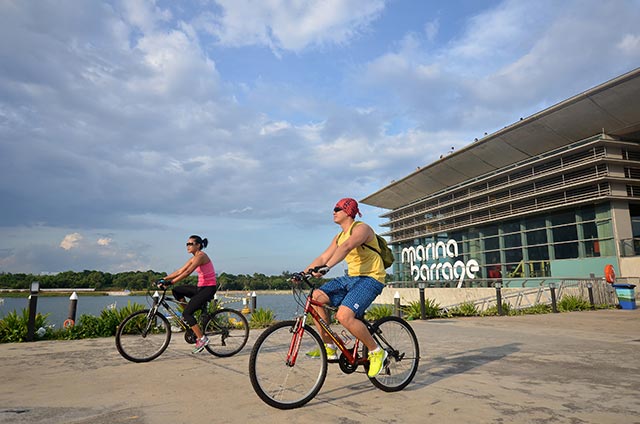 singaporeans cycling at the marina barrage in Singapore