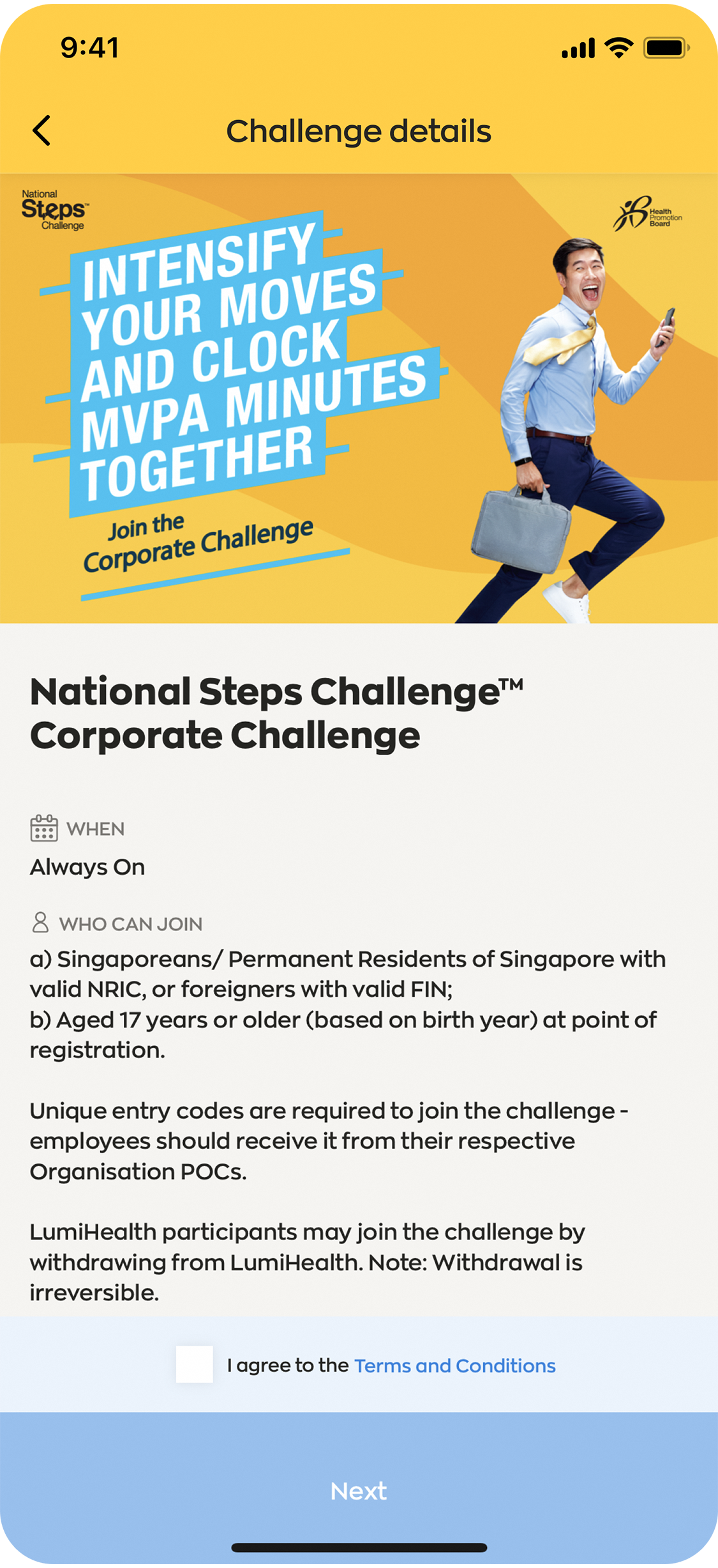 Read the challenge details and agree to the Terms and Conditions of the Corporate Challenge.