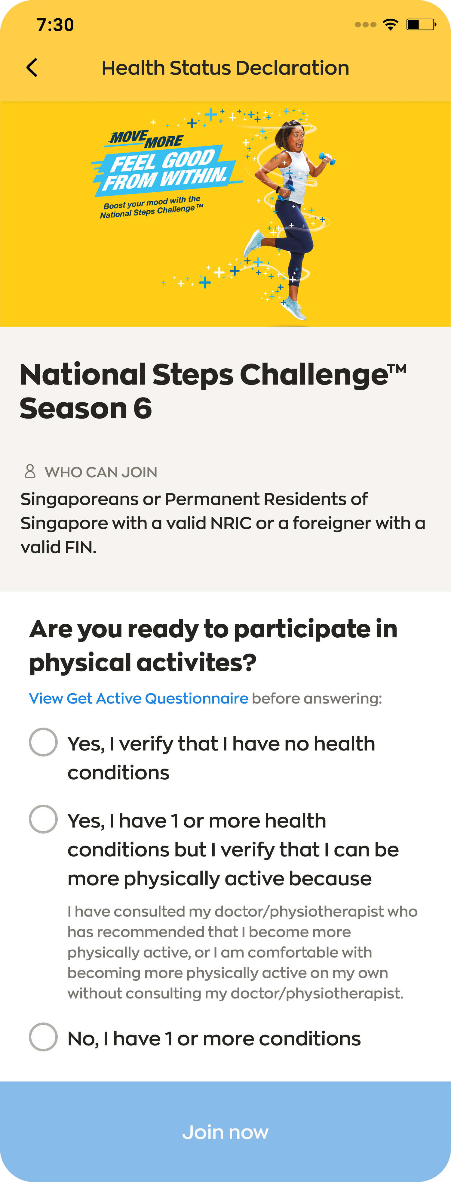 View Get Active Questionnaire and verify your health conditions. Click Join now to enter the challenge.