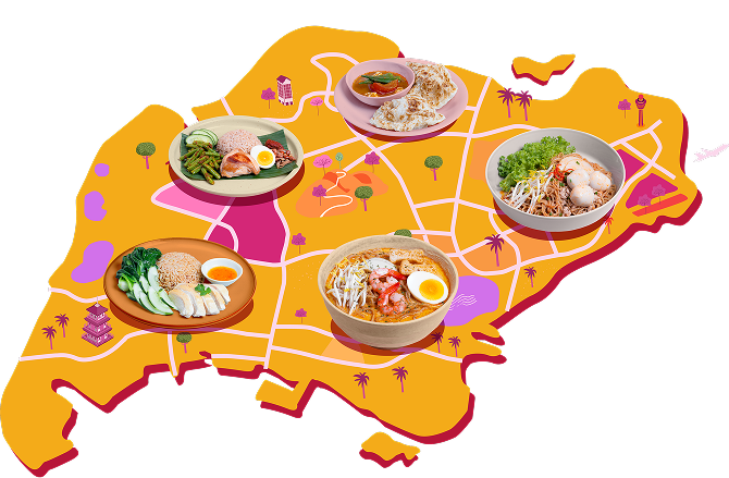 Illustrated map of Singapore featuring five local dishes placed across different districts: chicken rice, nasi lemak, prata, fishball noodles, and laksa.