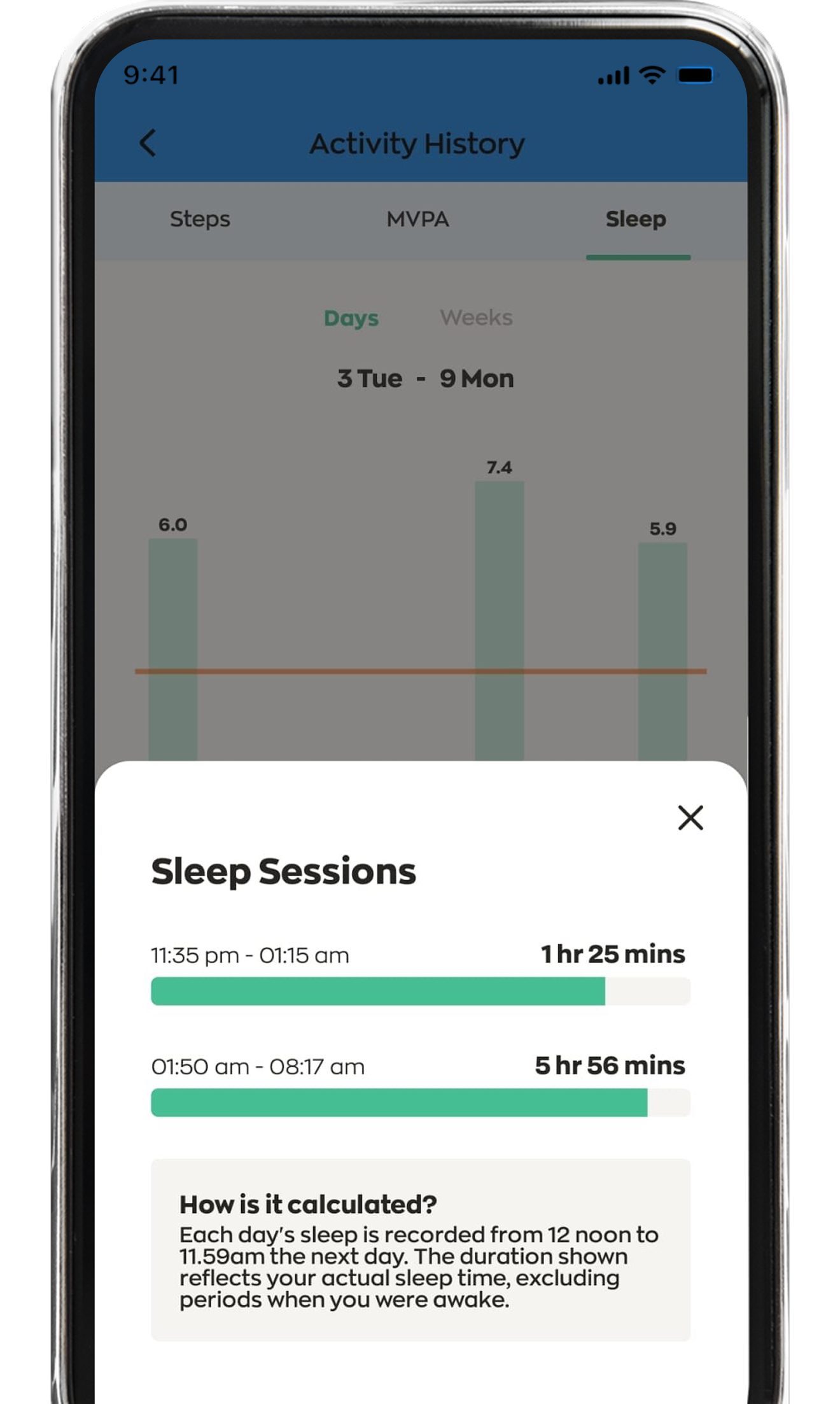 3. You can also tap on each bar to find out the breakdown of your day’s sleep