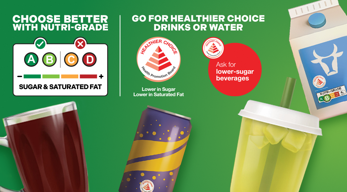 Choose better with Nutri-Grade by limiting Nutri-Grade C and D drinks. Or go for healthier choice drinks or water.