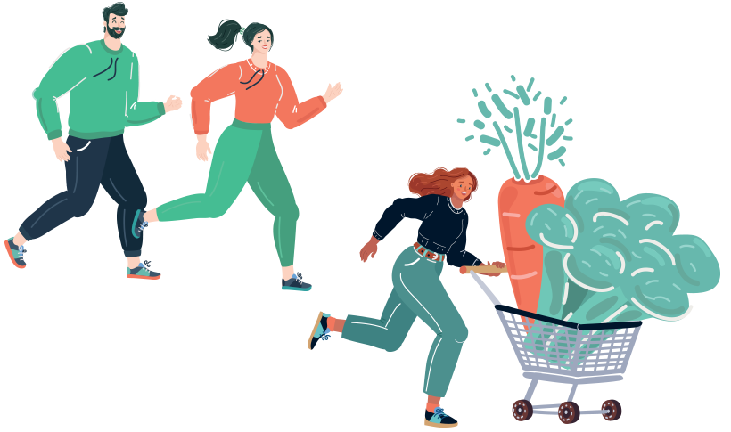 People running with vegetables in shopping cart