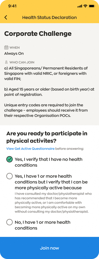 View Get Active Questionnaire and verify your health conditions. Click Join now to enter the challenge.