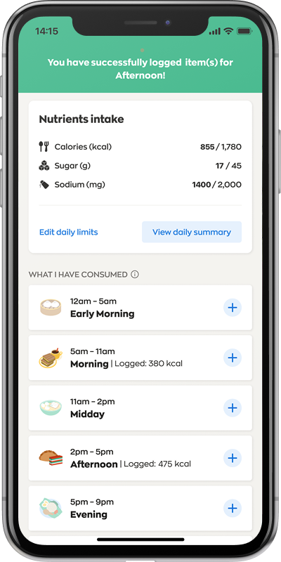 Meal Log home screen showing a successful meal entry confirmation, updated daily nutrient intake, and logged meals for the day.