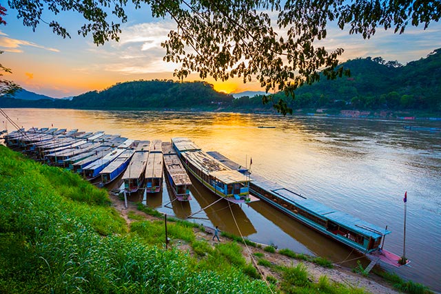 Boats on the Mekong River in Laos