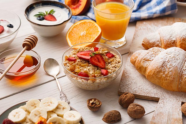 Continental breakfast on a wooden table