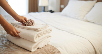 Pile of fresh towels being placed on a newly made bed