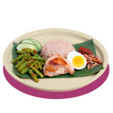 Plate of grilled chicken with brown rice, long beans, cucumber slices, half a boiled egg, and sambal.