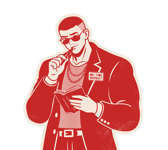 Me-Time Overdue character presenting the quiz