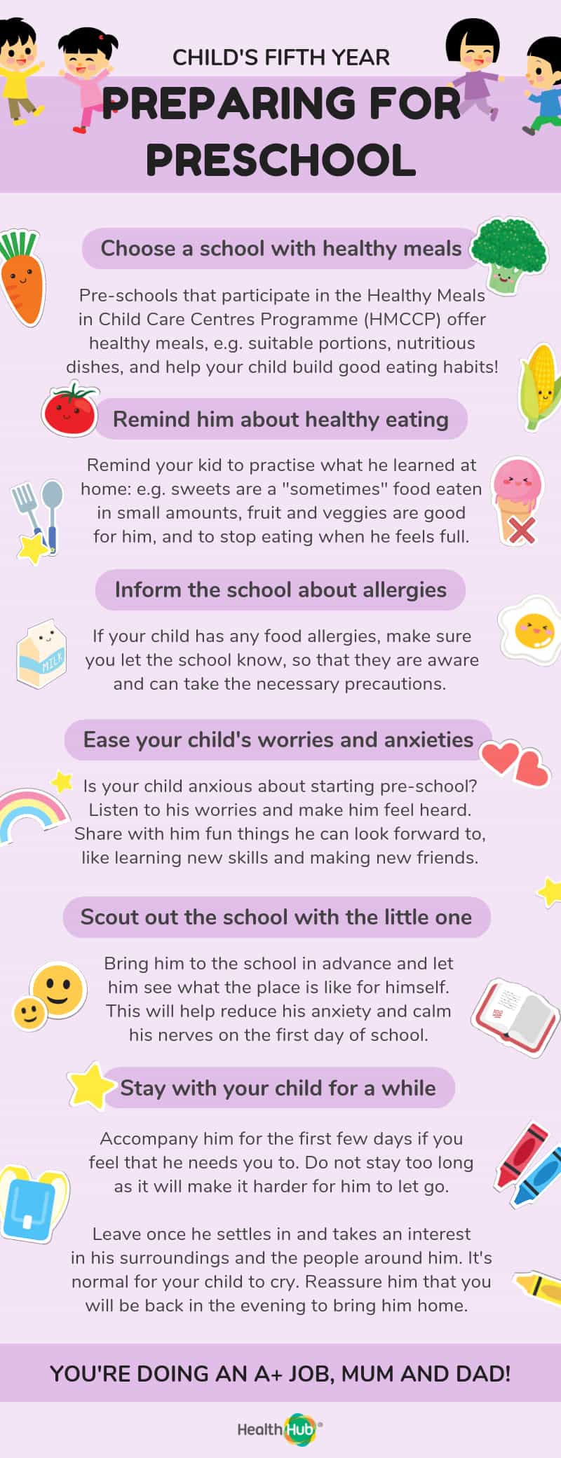 Pre-school preparations for a 5-year-old include checking with the pre-school about healthy food and healthy eating habits.